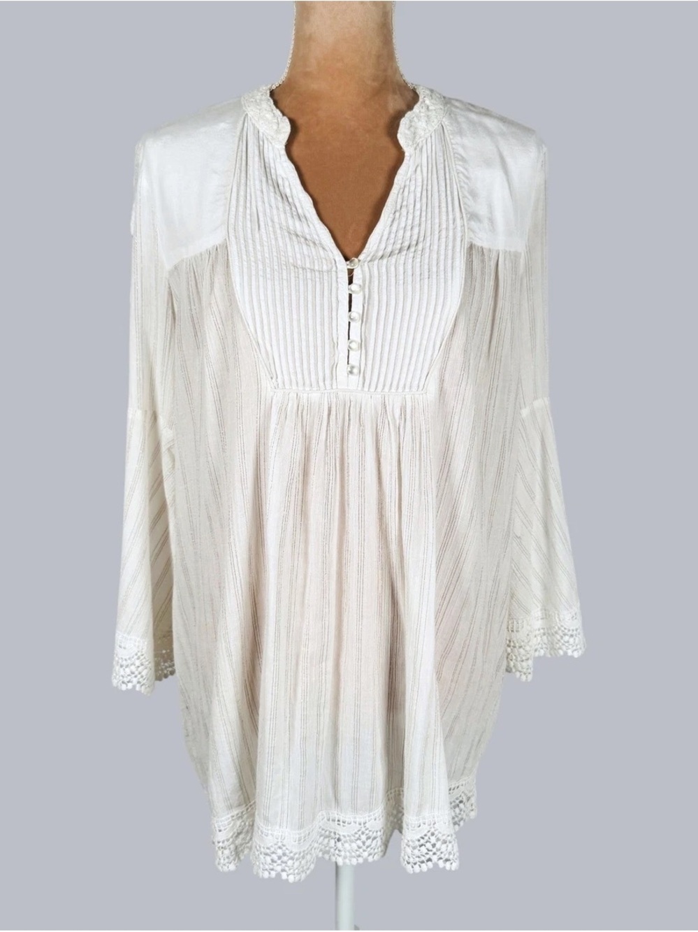 Free People Boho Ivory Copper Metallic Stripe Tunic Blouse Small Pintuck Bib